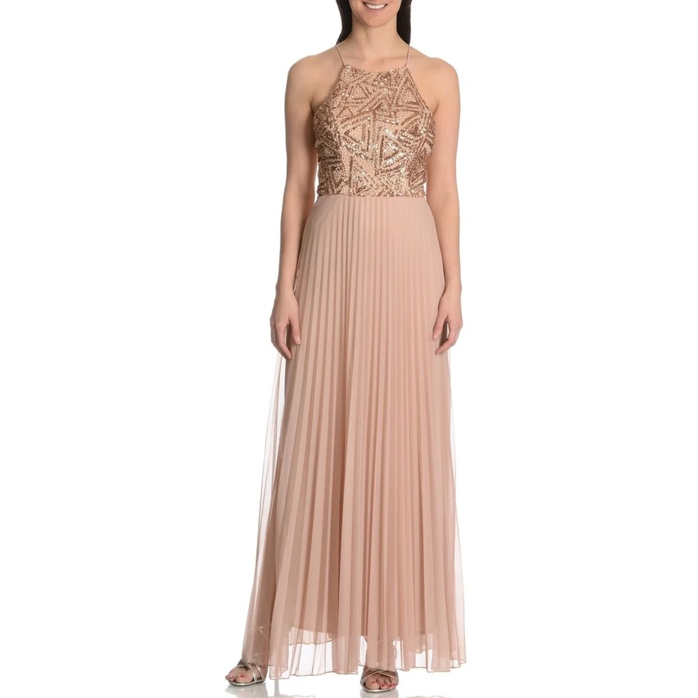 Halter Sequined Pleated A-Line Dress, lightly used, size 14, dry cleaned.